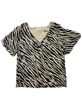 Women's Black & Cream Zebra Print V-Neck Top Y2K Kathie Lee Sz M Split Sleeve